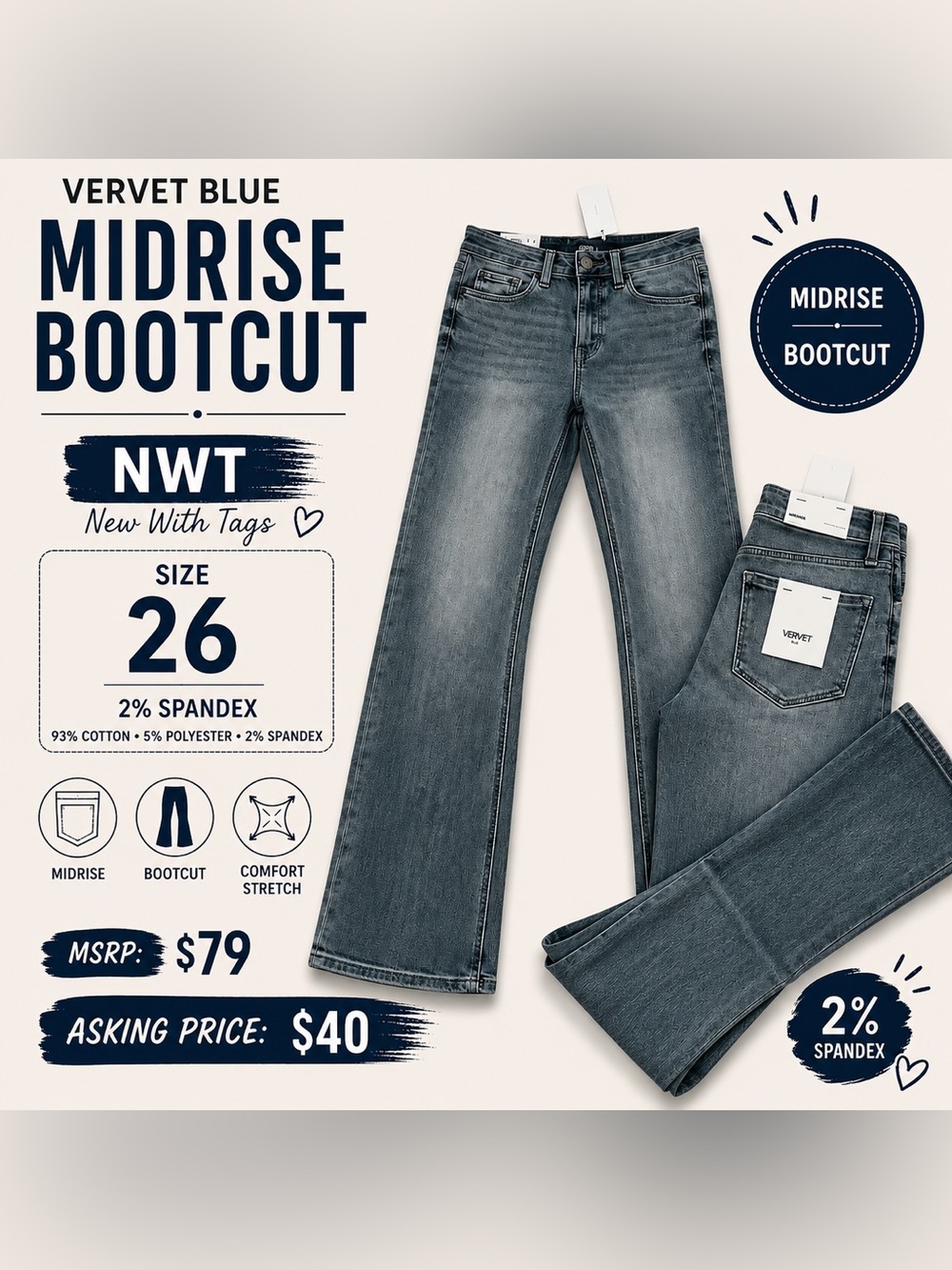 Blue Midrise Bootcut Jeans - Blue, Size 26